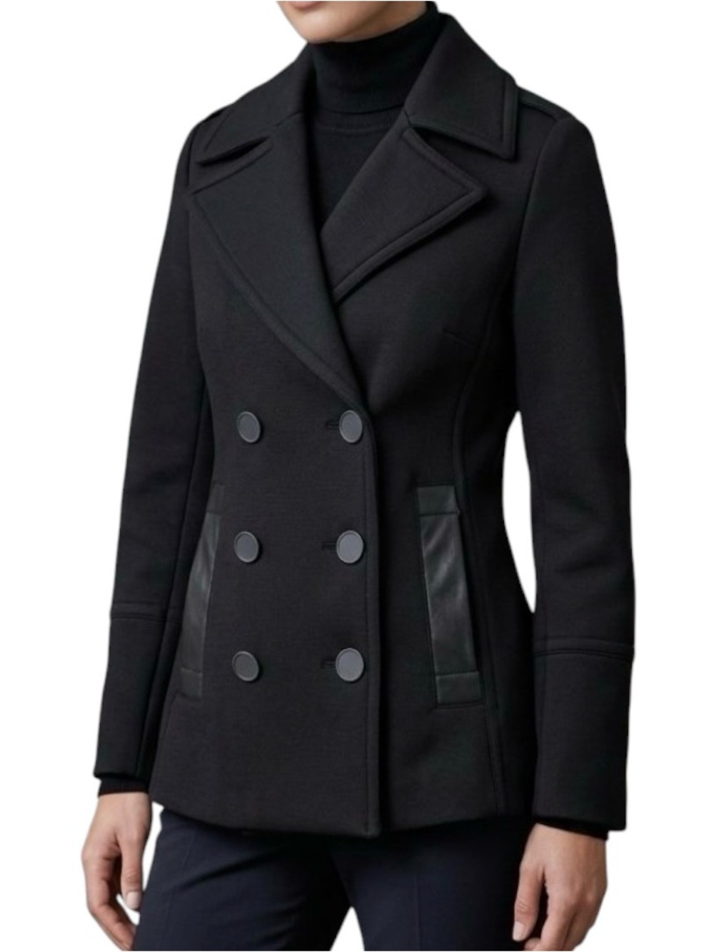 Elie Tahari Black Double Breast Leather Trim Coat Jacket Sz XS 100% Virgin Wool